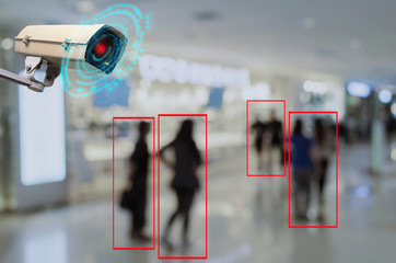 IOT CCTV, security indoor camera motion detection system operating with people shopping at shopping...
