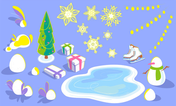 Set of xmas elements for concept design, illustrations, in isometric view. winter holiday objects in flat, christmas tree, snowflakes, snowdrifts, ice rink, skates, snowman, gift boxes, garlands.
