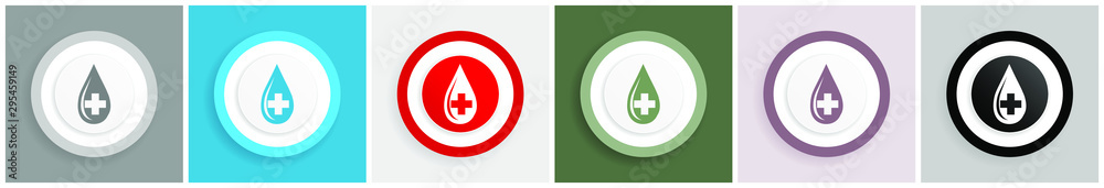 Poster blood icon set, colorful flat design vector illustrations in 6 options for web design and mobile app