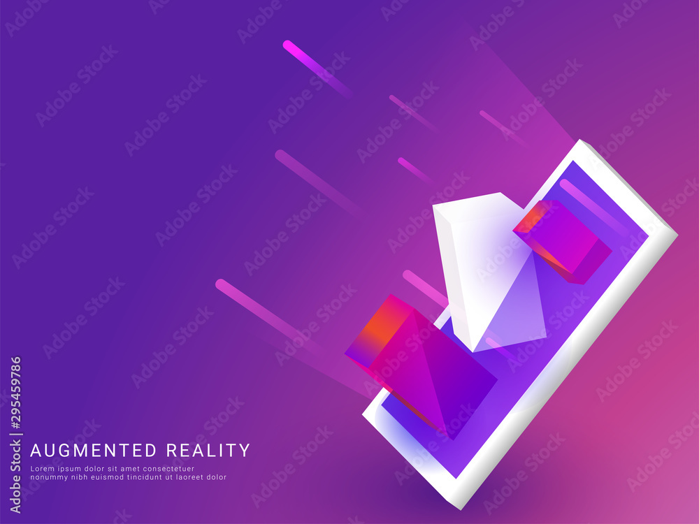 Poster Augmented Reality concept with isometric illustration of smartphone on shiny blue and purple background.