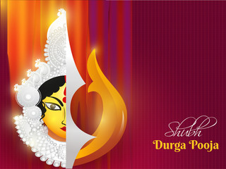 Creative Goddess Durga Face with Trishul with lighting effect on purple grid background for Shubh Durga Pooja celebration concept.