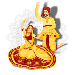 Character of couple dancing garba pose on white mandala floral background.