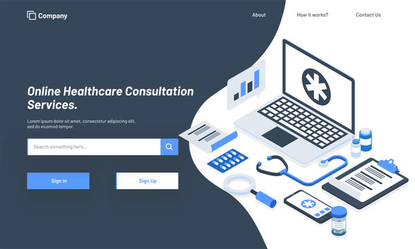 Isometric illustration of laptop with medical equipments, responsive hero banner design for Online Healthcare Consultation Service concept.