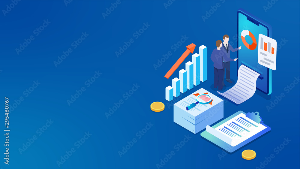 Sticker 3d illustration of smartphone with business analysts analysis the data and infographic elements on b