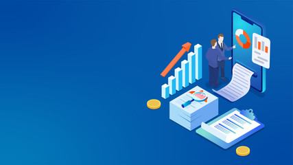 3D illustration of smartphone with business analysts analysis the data and infographic elements on blue background.