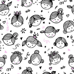 Seamless pattern cute girlish faces with different emotions. Ideal for children's interiors, banners and posters. Vector illustration.