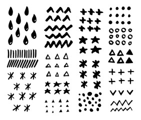 Doodle hand drawn vector texture set. Triangles, circles, dots, dashes, crosses, monochrome decorative ornaments. Ticks and lines design element.
