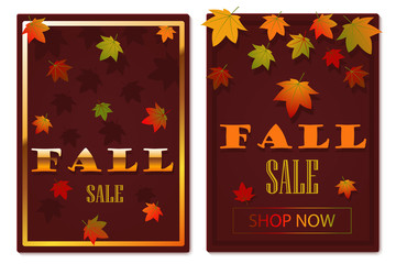 Fall discount. Fall sale. Banner or poster with falling autumn leaves - set. Autumn flat vector template with place for text. Fall season social media banner layout. Leafage and forest illustration.