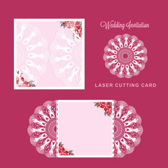 Wedding invitation card design, envelope mock up in laser cutting pattern deocrated with flowers.
