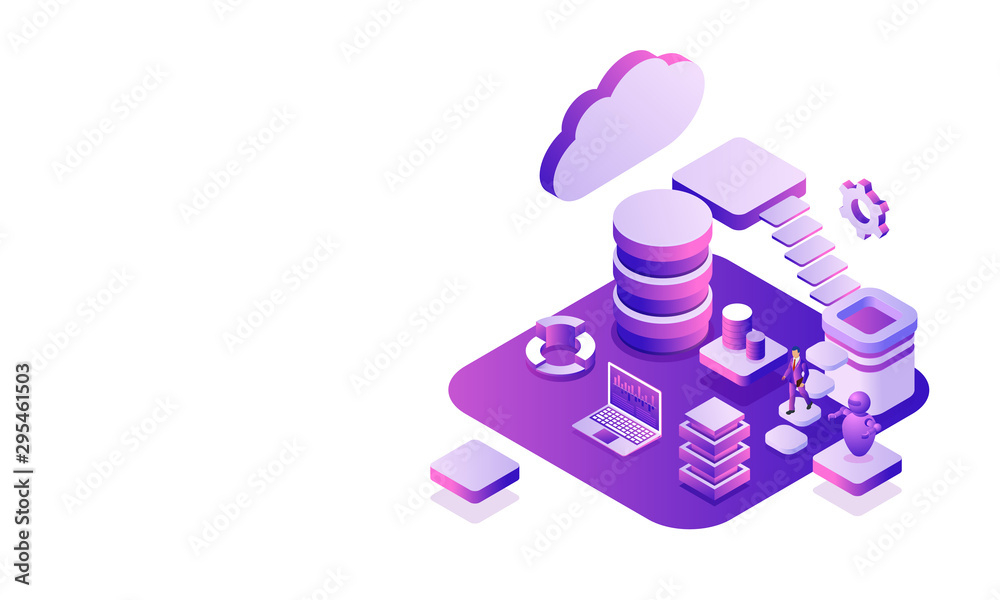 Canvas Prints data center platform, isometric database cloud server and laptop with other business equipments on w