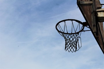 basketball hoop and net against blue sky