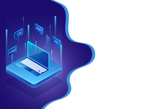 3D illustration of laptop with different coding languages signs on shiny abstract background for software development programming concept.