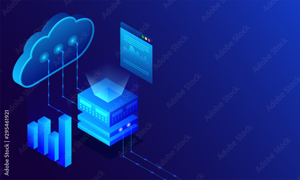Wall mural data center concept based isometric design, illustration of main server connected with cloud server 