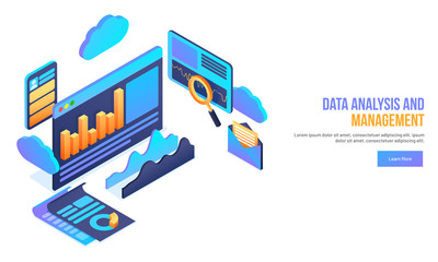 3D illustration of web browser window with multiple infographic elements on white background. Landing page design for Data Analysis and Management concept.