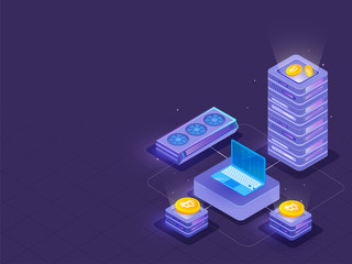 3D illustration crypto servers connected with laptop on purple background for Crypto Mining concept.