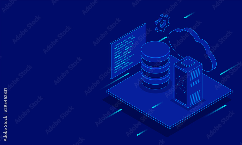 Wall mural 3d illustration of cloud server connected to database on blue background for data center concept bas