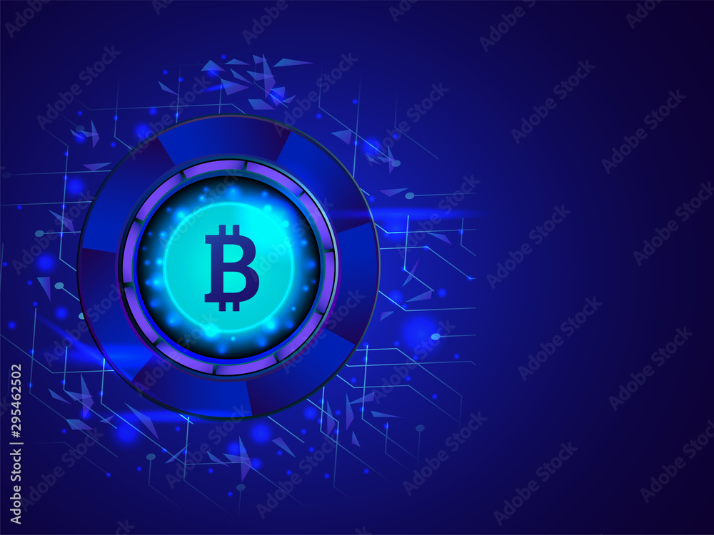 Wall mural glowing bitcoin on glossy blue digital background for crypto mining concept based isometric design.