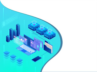 Obraz premium Isometric illustration of web servers with laptop and essential business equipments on abstract background for data management concept.