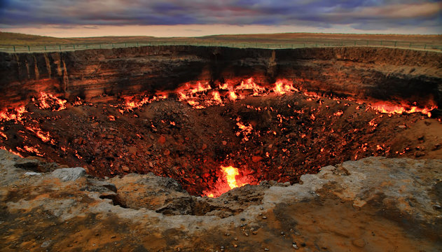 The Karakum Desert. Turkmenistan. Darvaza. Burning Gas Crater Called 