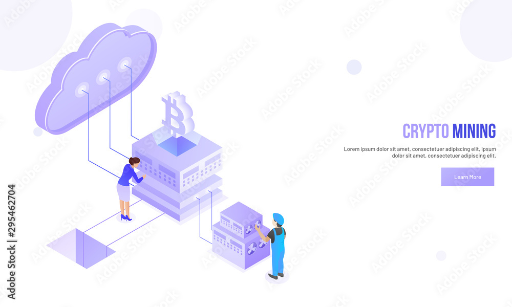 Poster Crypto Mining concept based isometric design, miniature people working, bitcoin server connected cloud server on abstract white background.