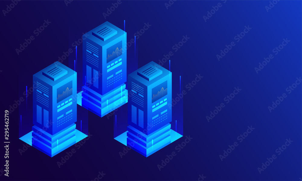 Canvas Prints 3d illustration of three big data server with digital rays on glossy blue background, isometric desi