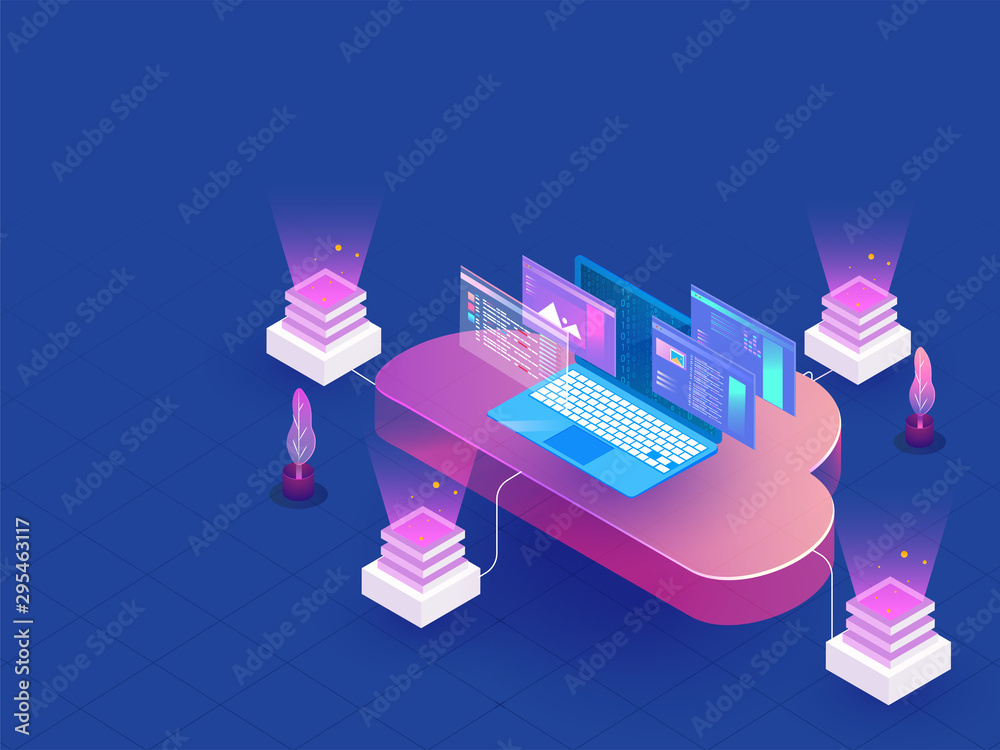 Canvas Prints multiple cloud data server connected to laptop on blue background, isometric design for data managem