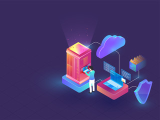 Data Management or Security concept based isometric design with illustration of web server connected with cloud server and security shield on blue background.