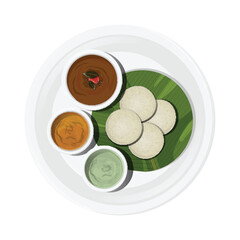 Top view of Kerala dish Idli with Sambhar and chutney on plate.