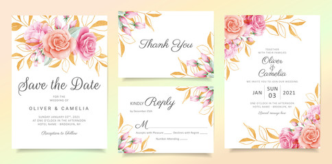 Flowers with glitter leaves wedding invitation card template set. Elegant floral illustration for greeting, save the date, rsvp, thank you card decoration vector