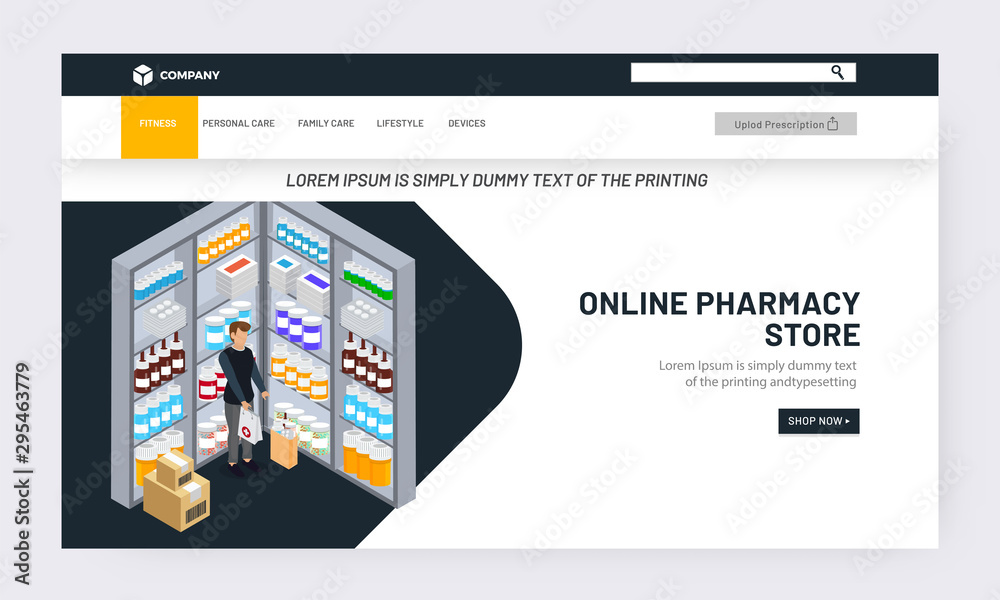 Sticker Online Pharmacy store service landing page design concept with illustration of man working in medical store.