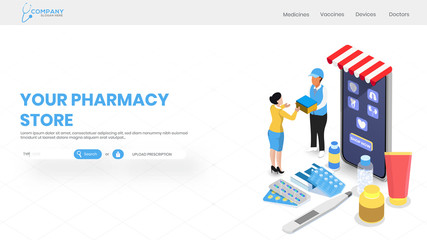 Your Pharmacy store website design with 3d illustration of different medicine and thermometer and delivery man giving package to woman.