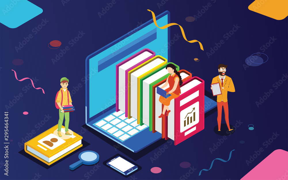 Poster Online Library concept based isometric illustration of laptop, book stack with smartphone and people character on purple background. Can be used as web banner design.