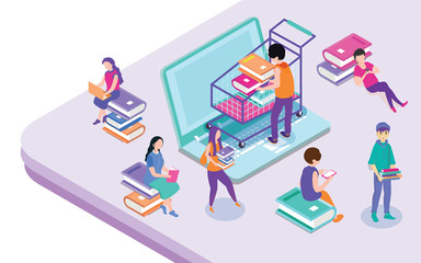 Online book shopping app in laptop with people studying for Education or learning concept based isometric design.