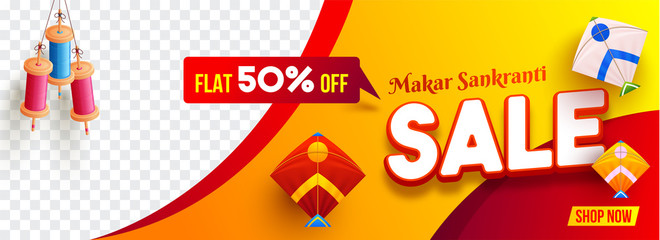 Makar Sankranti Sale banner or header design with flat 50% discount offer, colorful kites and string spool hang on abstract background with space for your product image.