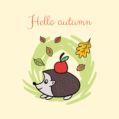 Autumn card with a cute hedgehog. Childish, retro, doodle, cartoon, sketch style. Hello autumn text. Colorful backdrop.