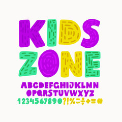 Kids zone - alphabet and numbers. Set of vector symbols. Lettering and Custom Typography for Designs: Logo, for Poster, Invitation, etc.