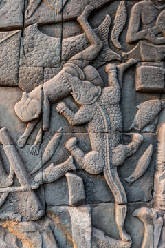 Bas Relief at Bayon temple who explain the life during that era, Siem Reap, Cambodia