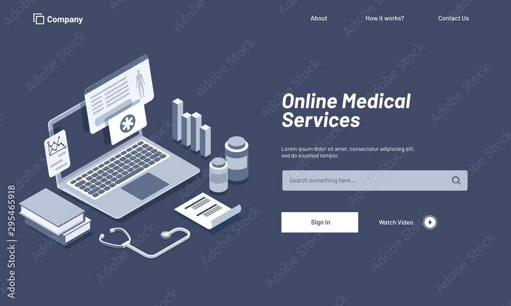 Sticker Isometric illustration of laptop with medical equipments, books and bar graph for Online Medical Service concept.