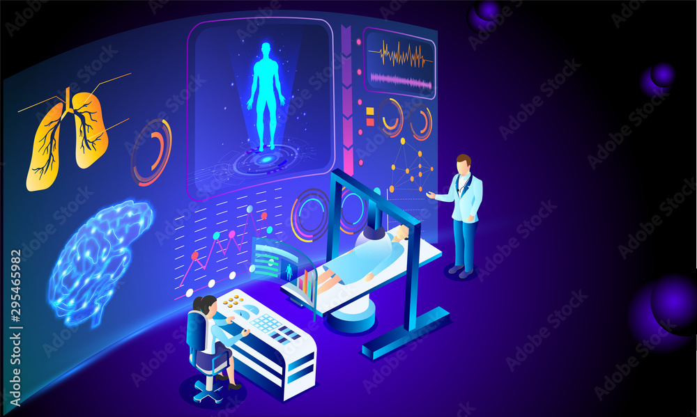 Poster Futuristic medical technology based isometric design, whole body scanning through machine, doctor find out the disease, Medical Biotechnology concept.