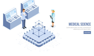 3D isometric medical equipment, character of doctor and nurse for Medical Science concept website landing page design.