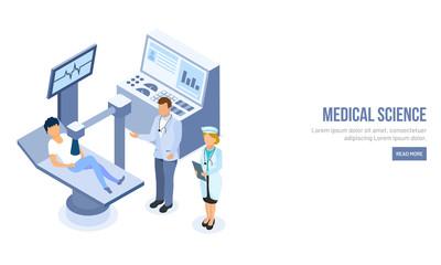 Fototapeta premium Landing page design for Medical Science, isometric character of doctor and nurse, X- ray machine taking x-ray of patient for healthcare concept.