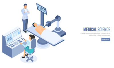 Medical Science landing page design with doctor doing check up of patient by comen anesthesia machine.
