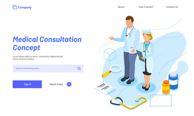 Medical Consultation concept based responsive web template, doctor discussed report with nurse, medical equipments isometric illustration on white background.