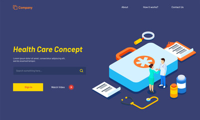Isometric illustration of medical equipments, lady consulted to doctor. Health Care Concept based web template.