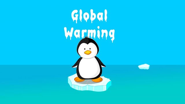 Global warming. Little penguin swings alone, on melted ice floe over the sea. Climate change video. 2d animal character animation. Floating ice. 4K