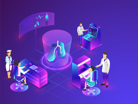Different health care equipments and checkup platform like eye checkup, body scanning and testing process, isometric design on shiny blue background.