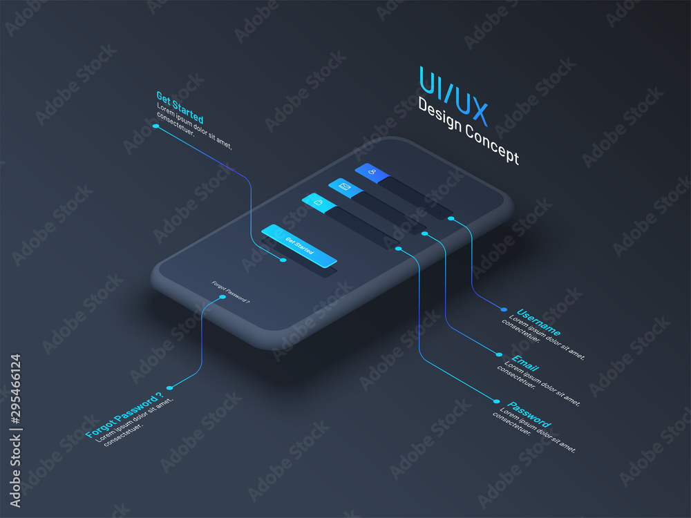 Poster ui or ux design concept with isometric illustration of smartphone with access or login window.