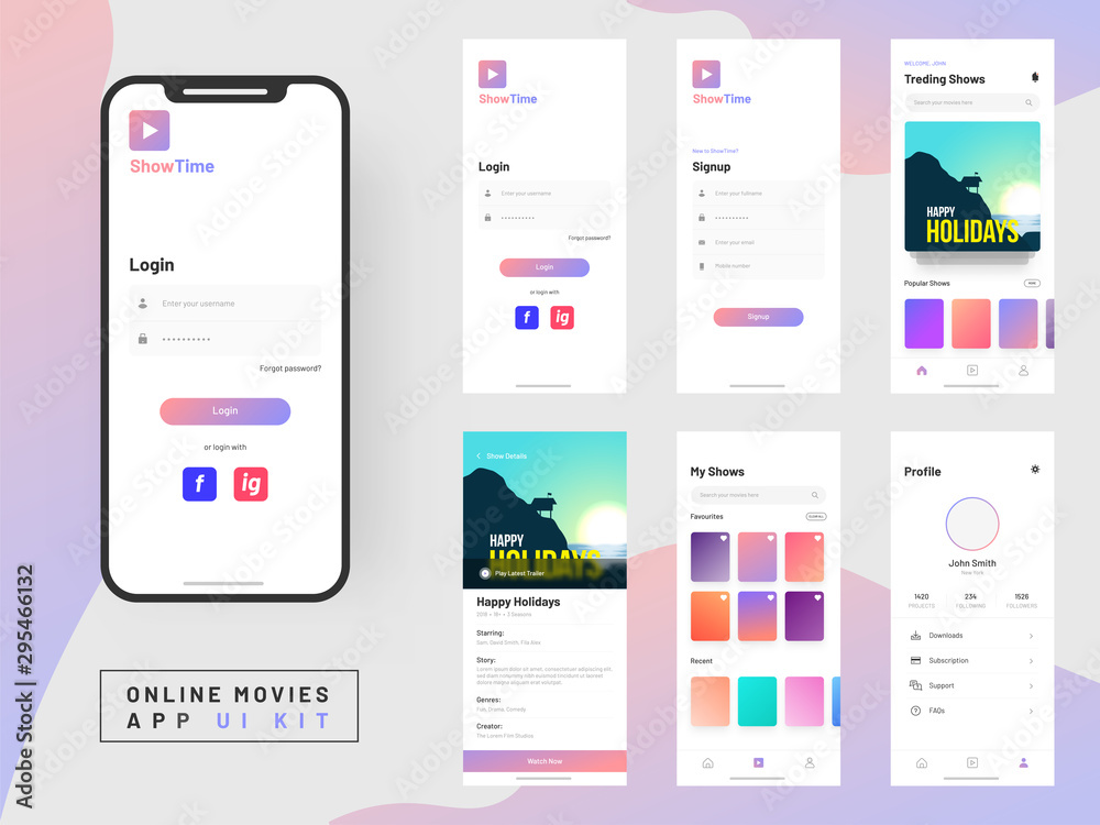 Wall mural Online Movie App UI Kit for responsive mobile app or website with different GUI layout including Login, Create Account, Profile, Transaction and Notification screens.