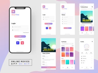 Online Movie App UI Kit for responsive mobile app or website with different GUI layout including Login, Create Account, Profile, Transaction and Notification screens. - obrazy, fototapety, plakaty