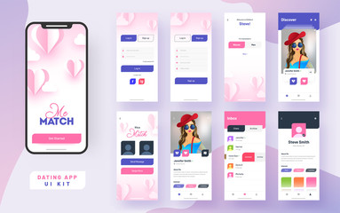 Dating app ui kit for responsive mobile app or website with different gui layout including user category, details, place and user profile type screens.